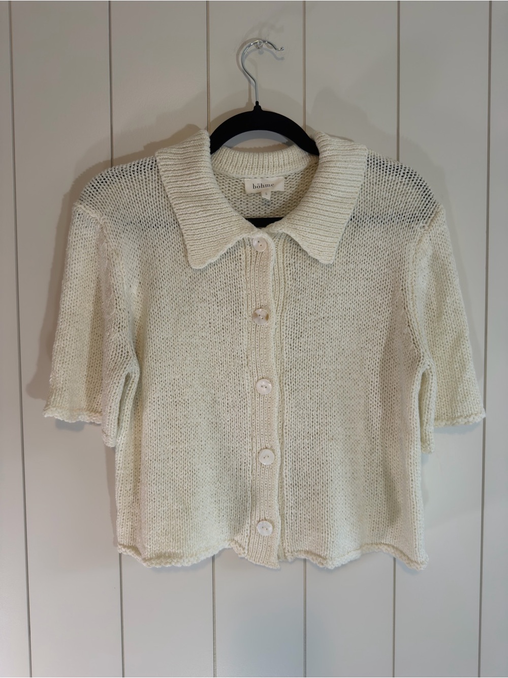 bohme Cream Short-Sleeve Button Knit Cardigan with Collar